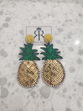 PrinZzesa Boutique Sequin Pineapple Statement Earrings - Green & Gold
